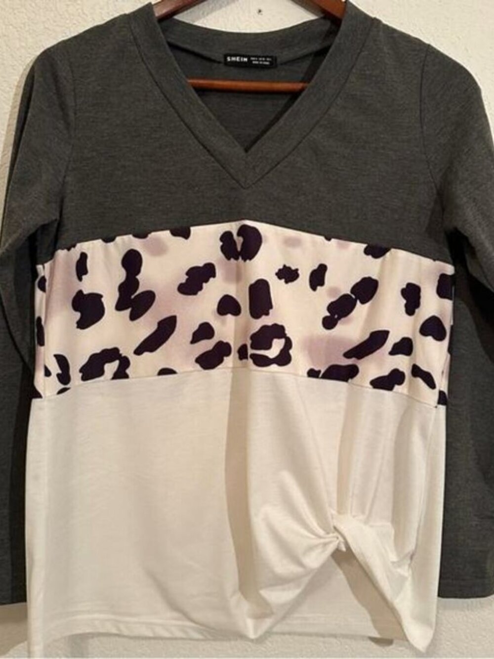 Colorblock Leopard Twist-Front Long Sleeve Top